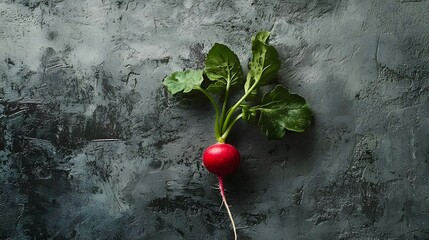 Fresh Red Radish with Green Leaves on Textured Dark Background