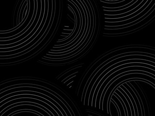 Black background with abstract design of black and white gradient circular stripes. The 3d circular pattern consists of repeating curved lines, creating a sense of movement and depth.