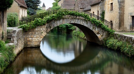 Fototapeta premium Historic stone bridge with ivy covered railings spanning a quiet reflective lake in an old European village