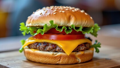 The hamburger in the image is perfectly assembled with a juicy beef patty, crisp lettuce, ripe tomato slices, and melted cheese, all sandwiched between two golden brown sesame seed buns.