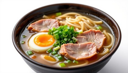 A close up image of a steaming bowl of noodles in broth, featuring slices of tender pork, a soft boiled egg, fresh green onions, and crunchy bamboo shoots, all against a plain white background.