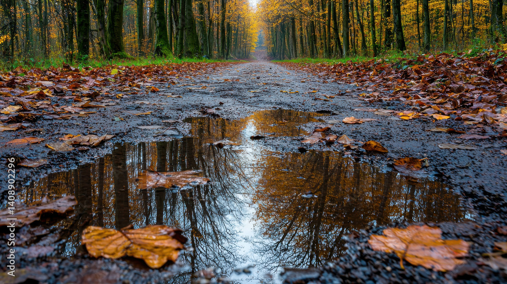 Poster autumn pathway reflected in puddle with colorful leaves and trees in the background