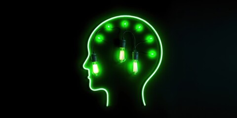 Obraz premium Green Neon Head Silhouette with Light Bulbs Ideas Innovation Creativity