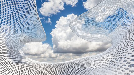 Abstract architectural design with a  perforated facade, showing a dynamic mesh structure against a bright blue sky with white clouds.  The design evokes a sense of  futuristic and modern architecture