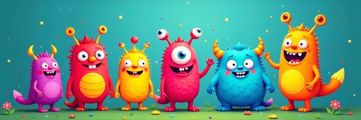 Obraz premium Colorful doodles of playful monsters in various shapes and sizes having a fun time together, whimsical, monsters, imaginative