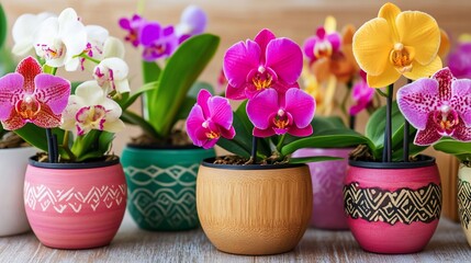 Naklejka premium Vibrant orchids in colorful pots