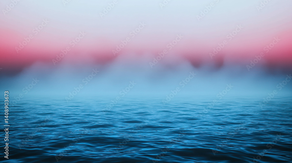 Poster serene ocean view at dusk with gentle mist and colorful sky gradient over calm waters