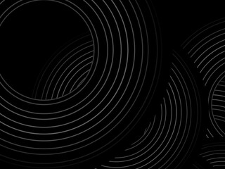 Black background with abstract design of black and white gradient circular stripes. The 3d circular pattern consists of repeating curved lines, creating a sense of movement and depth.