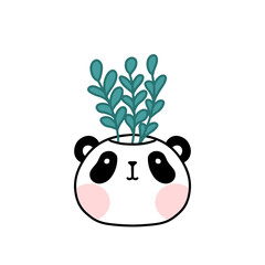 Cute panda flower pot with green planter in kawaii style on white background.