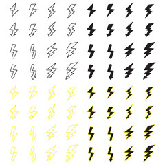 Set of vector lightning bolt icons in black, white, and yellow. Ideal for energy, electricity, thunderstorm, warning, and power-related design projects.