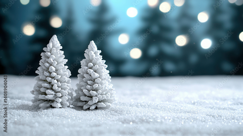 Poster snowy pine trees with soft bokeh background in winter wonderland scene