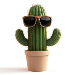 Cool Cactus in Sunglasses on White Background