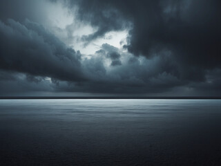 A dramatic seascape with dark, stormy clouds looming over a calm ocean, creating a striking contrast between the turbulent sky and the serene water.