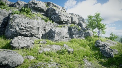 Rocky hillside covered in grass and small wildflowers under a partly cloudy sky.  A small tree stands amidst the rocks