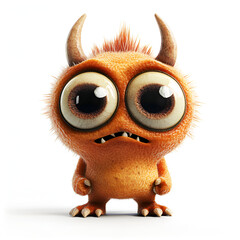 Funny Orange Cartoon Monster with Big Eyes and Horns on White Background