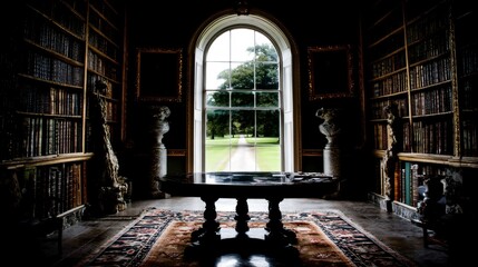 Opulent library with arched window overlooking a green landscape and antique furniture