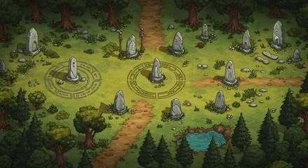Fototapeta premium Mystical Stone Circle in Forest Clearing with Ancient Runes