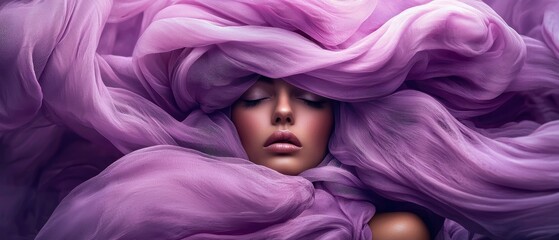 Elegant woman draped in flowing purple fabric