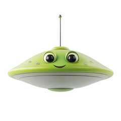 Cute Cartoon UFO with Smiling Face Isolated on White Background

