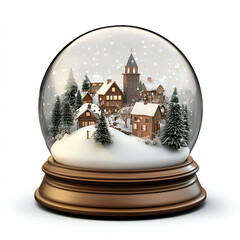 Cartoon Snow Globe with Winter Village Scene and Falling Snowflakes

