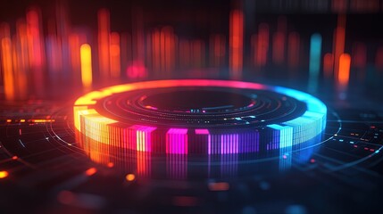 A circular chart glowing with vibrant segments, surrounded by minimalist corporate elements