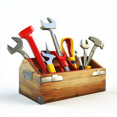 Cartoon Wooden Toolbox Filled with Colorful Hand Tools Isolated on White Background

