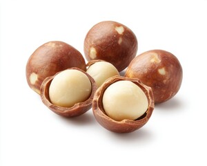 Delicious macadamia nuts in shells and without shells on white background