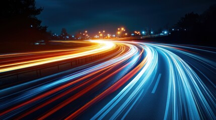 Car motion trails. Speed light streaks background with blurred fast moving light effect, Racing cars dynamic flash effects city road with long exposure night lights by ai.