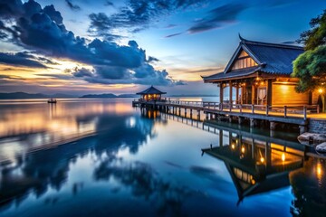 Obraz premium Tranquil Lake Reflection of Asian Architecture at Sunset