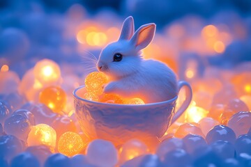 Enchanted White Bunny in a Luminous Teacup