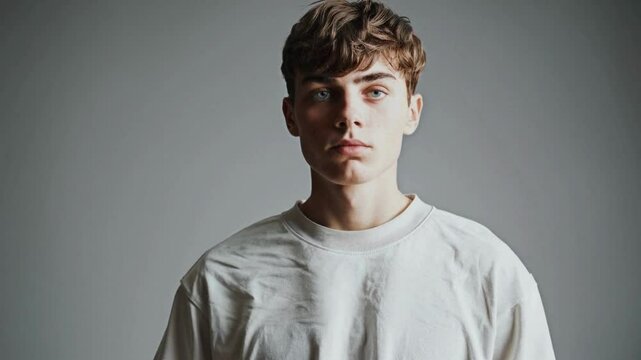 Young man with mirrored double on clean studio background