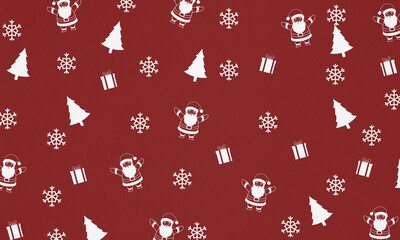 Naklejka premium festive design features a red background with scattered white illustrations of Santa Claus, Christmas trees, snowflakes, and gift boxes. The playful pattern evokes a cheerful holiday spirit. texture