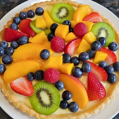 Obraz premium A fresh fruit tart has a scalloped pastry crust filled with pastry cream, with neatly arranged fresh fruits including strawberries, kiwi, blueberries, mango, raspberry, and peach
