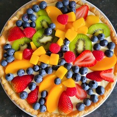 Obraz premium A fresh fruit tart has a scalloped pastry crust filled with pastry cream, with neatly arranged fresh fruits including strawberries, kiwi, blueberries, mango, raspberry, and peach