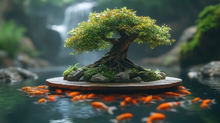 Miniature bonsai tree waterfall serenity