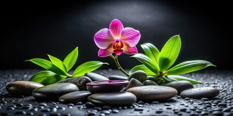 Long exposure reveals the subtle movement in an orchid, green plant, and black pebbles' still life.