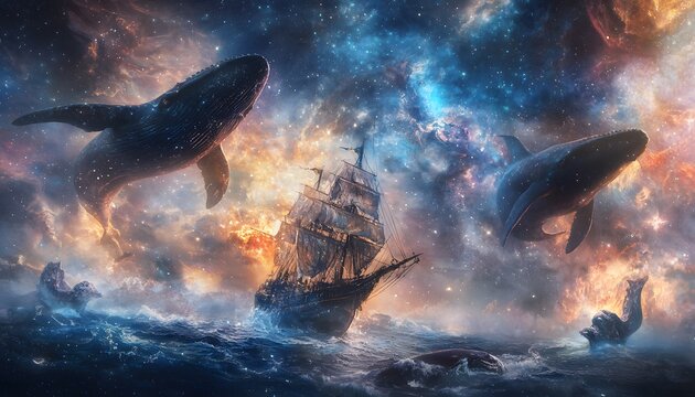 Celestial High-Seas Fantasy A pirate ship floats through an intergalactic ocean, its sails catching the solar winds, while cosmic whales swim in the nebula-tinted sky. Surreal high-seas space odyssey