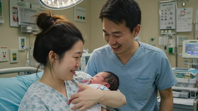 産まれたばかりの赤ちゃんを抱っこする母親と、喜ぶ父親