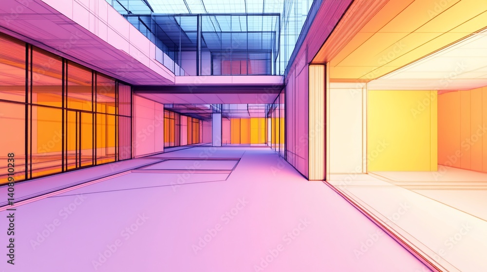 Poster architectural rendering of a modern multi-story building with glass walls and open spaces
