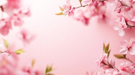 Fototapeta premium Delicate spring blossoms frame a soft pink backdrop. Blooming branches create a gentle floral border