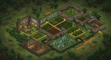 Fototapeta premium Farm Isometric View Showing Buildings and Crops Layout