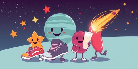 Naklejka premium Cute Space Planets Stars Rocket Cartoon Illustration