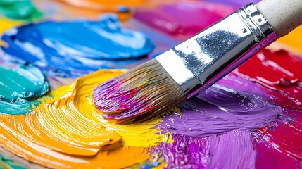 Fototapeta premium Vibrant oil paint palette with brush, showcasing colorful strokes and textures