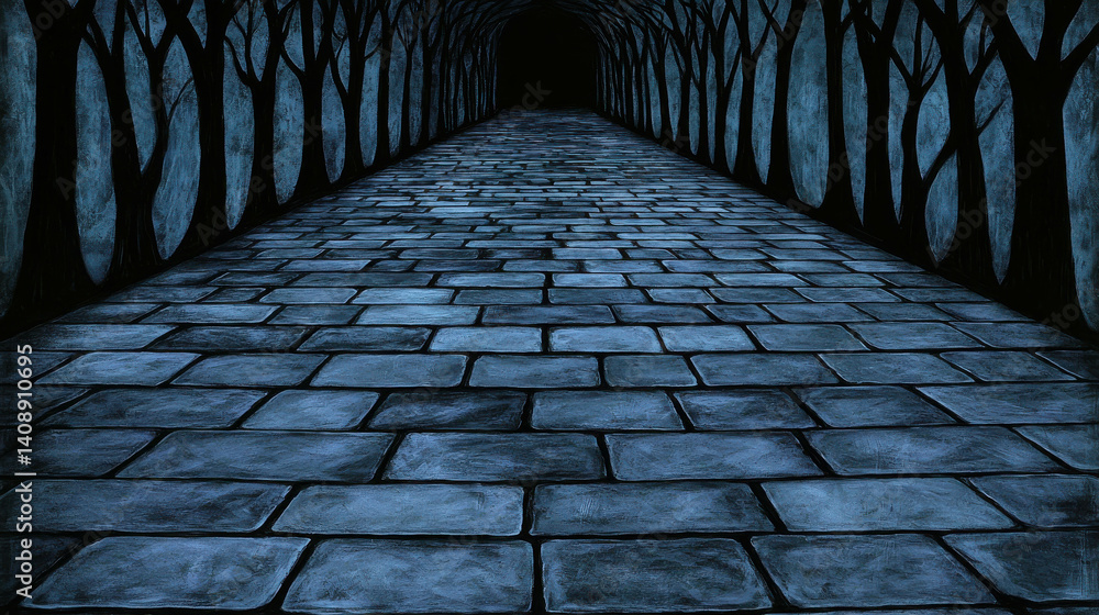 Poster dark mysterious pathway with trees and an ominous tunnel in the background
