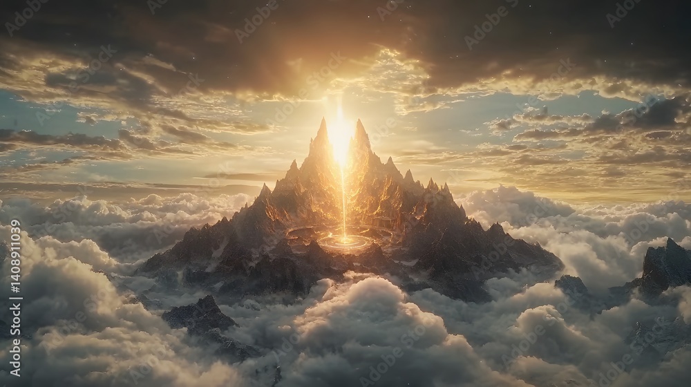 Poster a futuristic olympus floats above the clouds, where ai-powered gods control time and space with glow