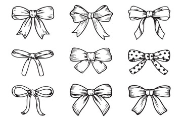  Ribbon Bow Silhouette Vector, Set of Decorative Black and White Line Art Collection, bow clipart vector art illustration.