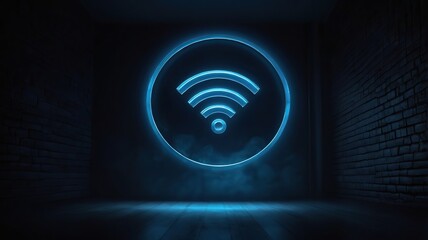 Glowing Wifi Symbol Neon Sign in Dark Brick Room