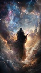 Fototapeta premium A sorcerer stands at the edge of the universe, stars forming new constellations as they whisper forgotten incantations. Cinematic celestial mysticism