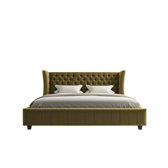 Luxurious green upholstered bed with tufted headboard and plush bedding, perfect for stylish bedroom