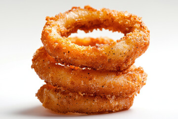Crispy golden onion rings isolated on white background food and beverage photography culinary environment close-up viewpoint crunchy concept for seo impact